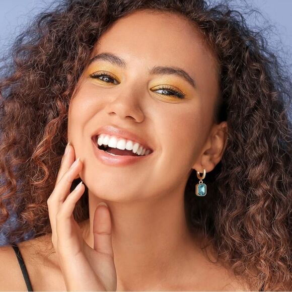 18K Yellow Gold with Aquamarine Blue Crystal Dangling Octagon Huggie Earrings - Picture 4 of 5